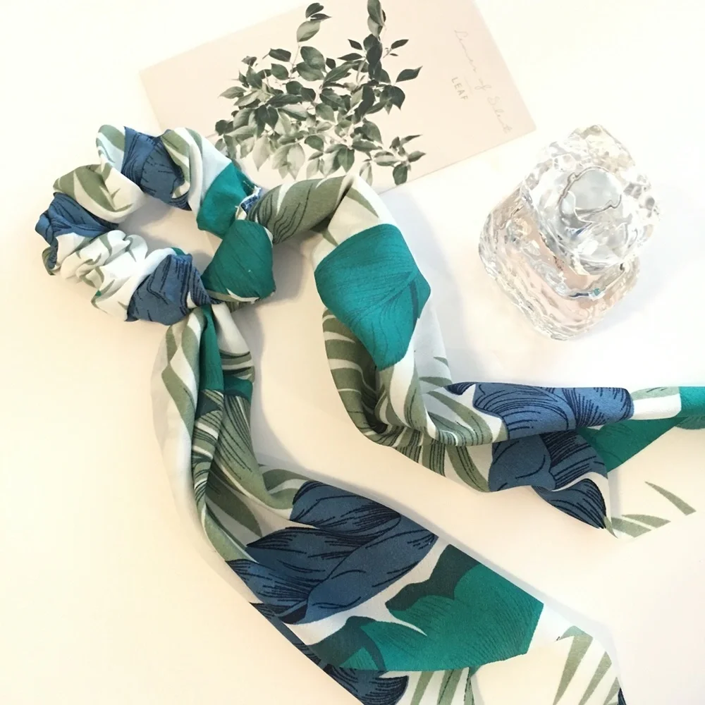 Boho Floral Satin Hair Scrunchie Scarf Bow